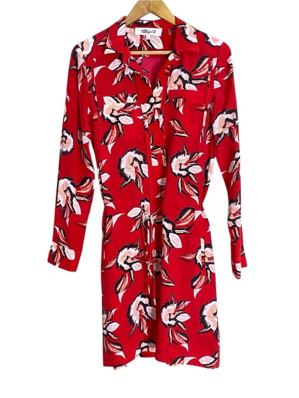 Diane Von Furstenberg DVF long sleeve red floral silk shirt dress